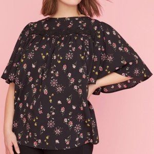 Talbots Black Pink Floral Flutter Sleeve Top Size 16